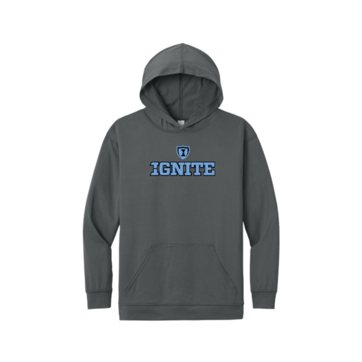 Gray hoodie with 'IGNITE' text on a white background