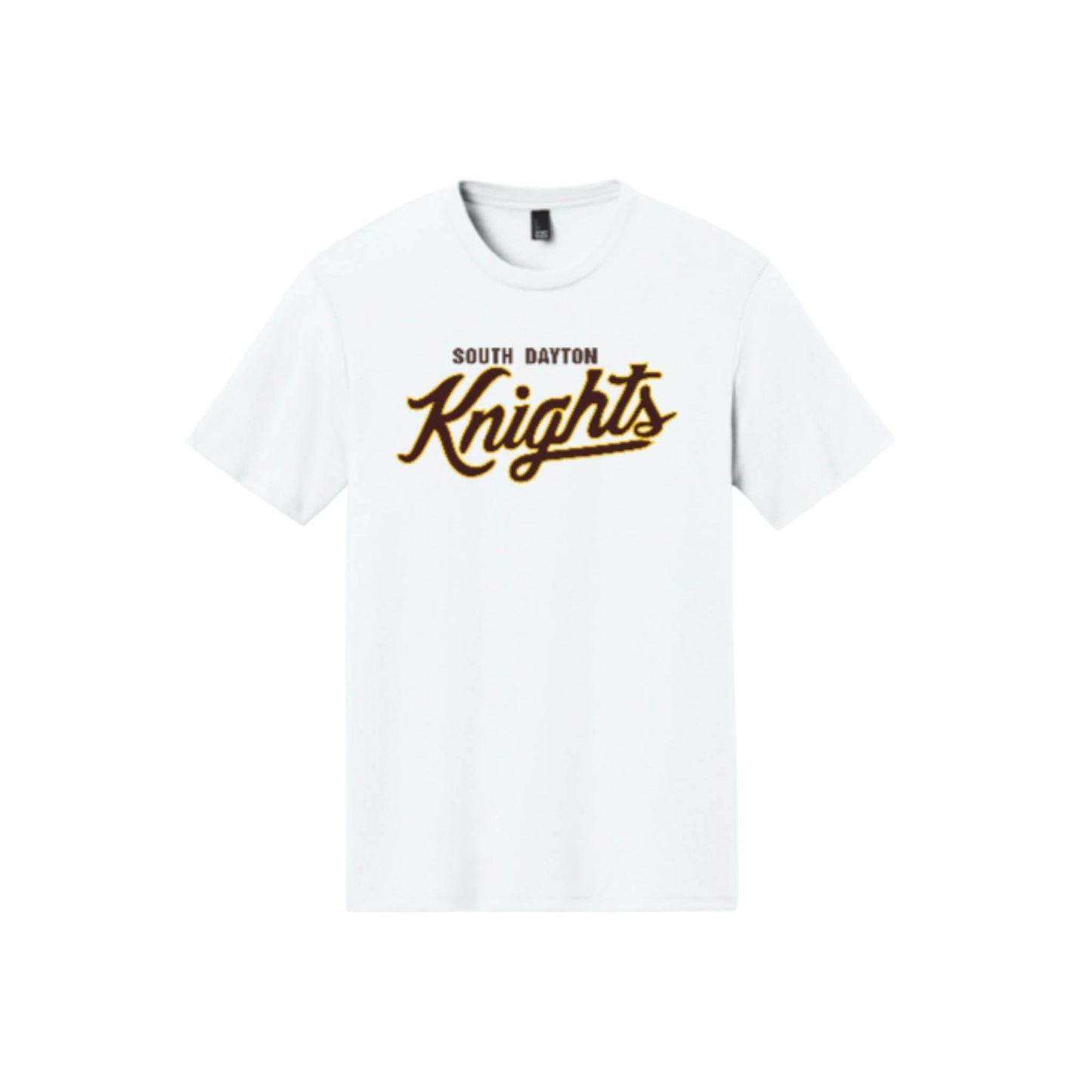 White t-shirt with 'South Dayton Knights' text on a white background