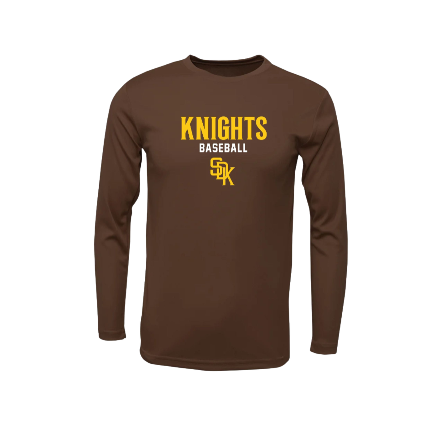 Brown long-sleeve shirt with 'Knights Baseball' text and logo on a white background