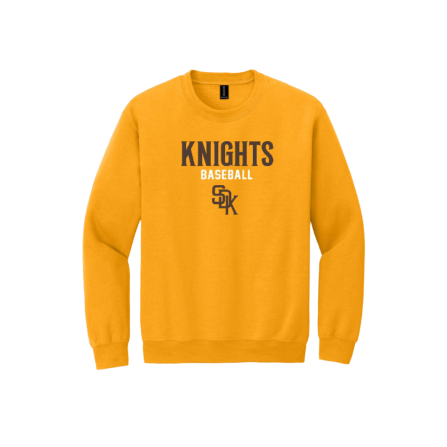 Yellow sweatshirt with 'Knights Baseball' text and logo on a white background