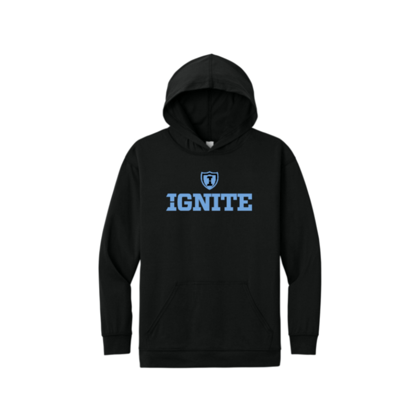 Black hoodie with 'IGNITE' text on a white background