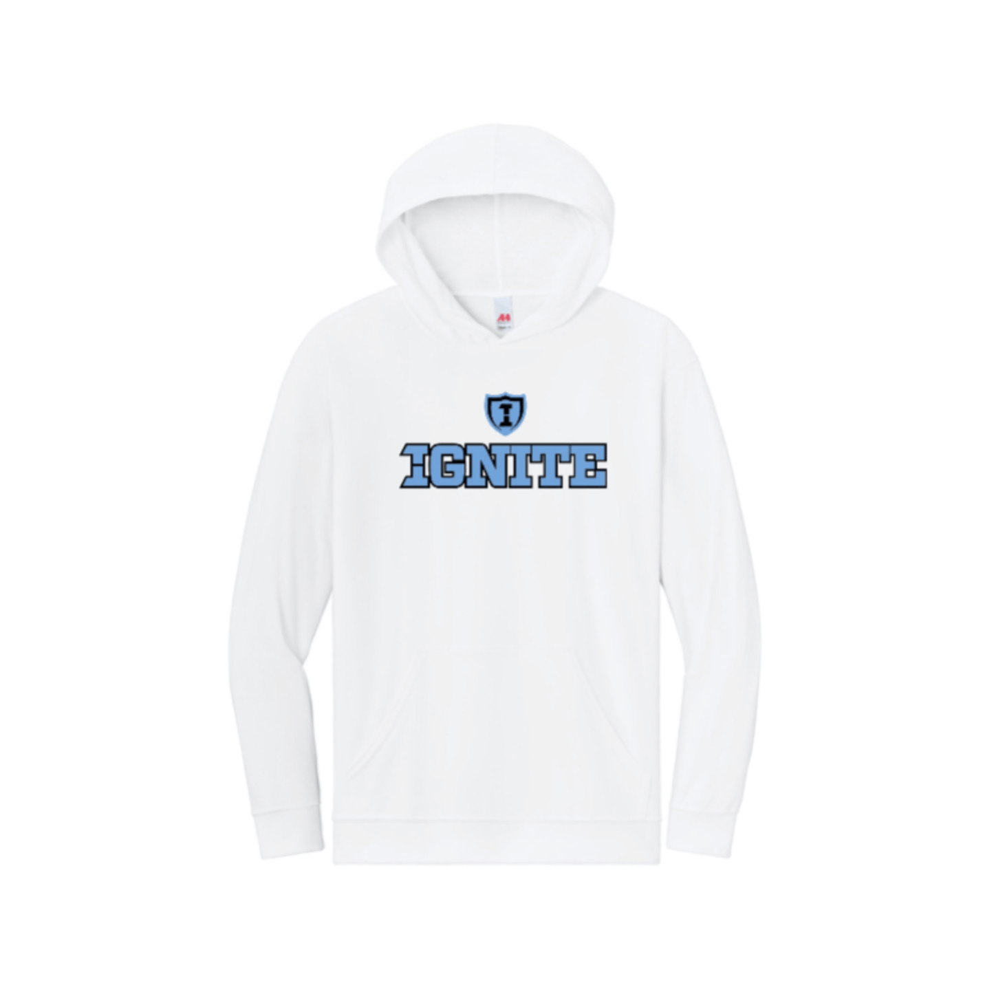 White hoodie with 'IGNITE' text and logo on a white background