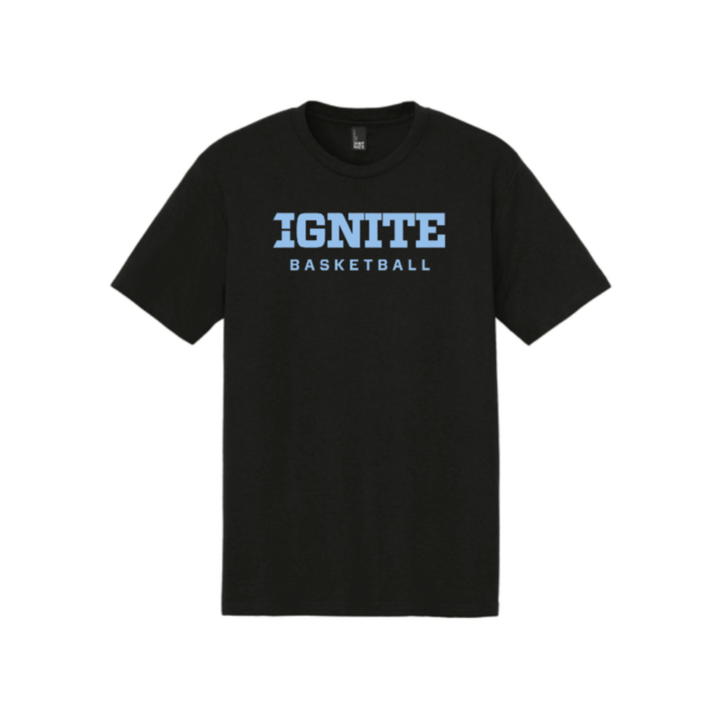 Black t-shirt with 'IGNITE BASKETBALL' text on a white background