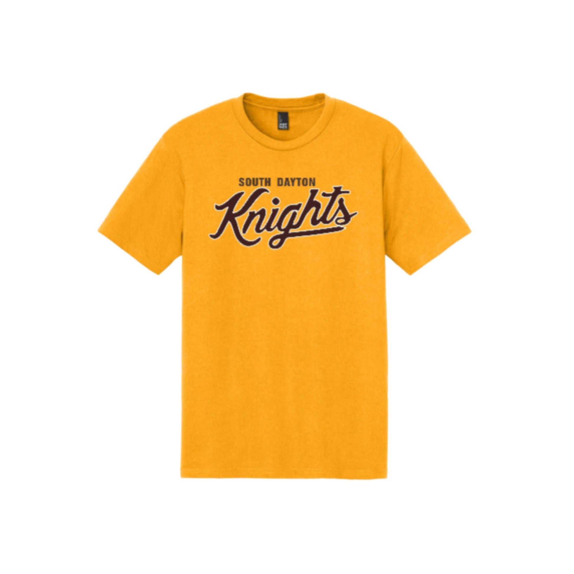 Yellow t-shirt with 'South Dayton Knights' text on a white background