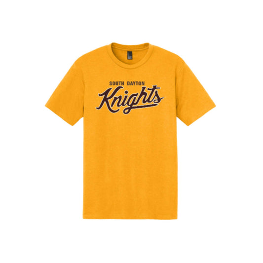 Yellow t-shirt with 'South Dayton Knights' text on a white background