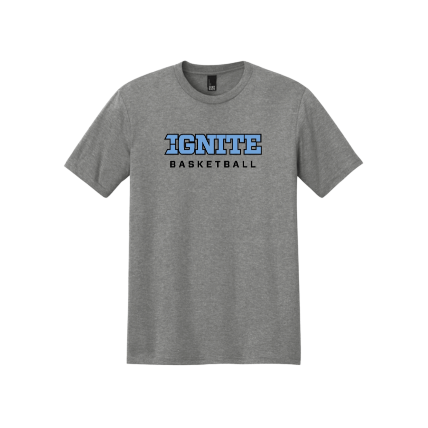 Gray t-shirt with 'IGNITE BASKETBALL' text on a white background