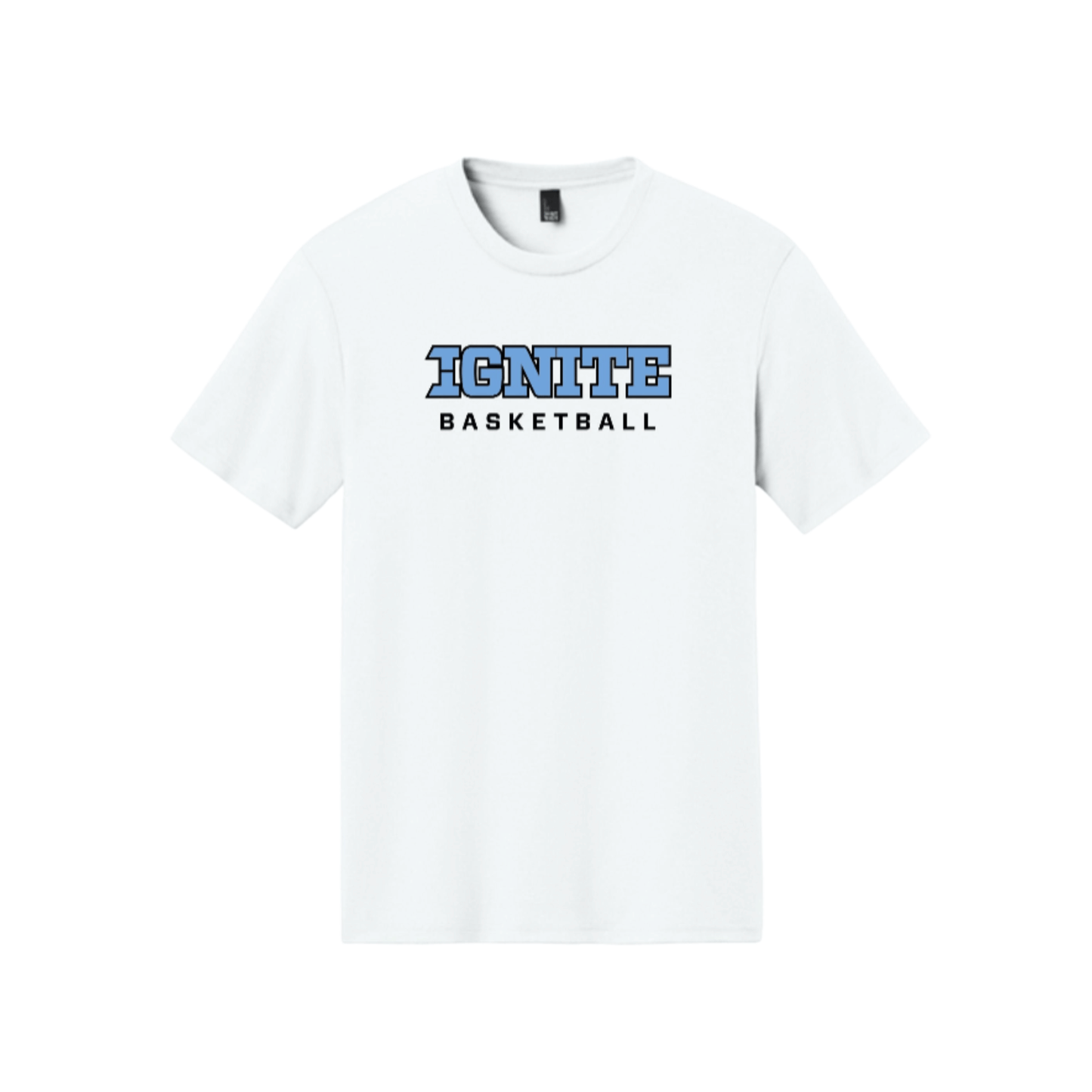 White t-shirt with 'IGNITE BASKETBALL' text on a white background