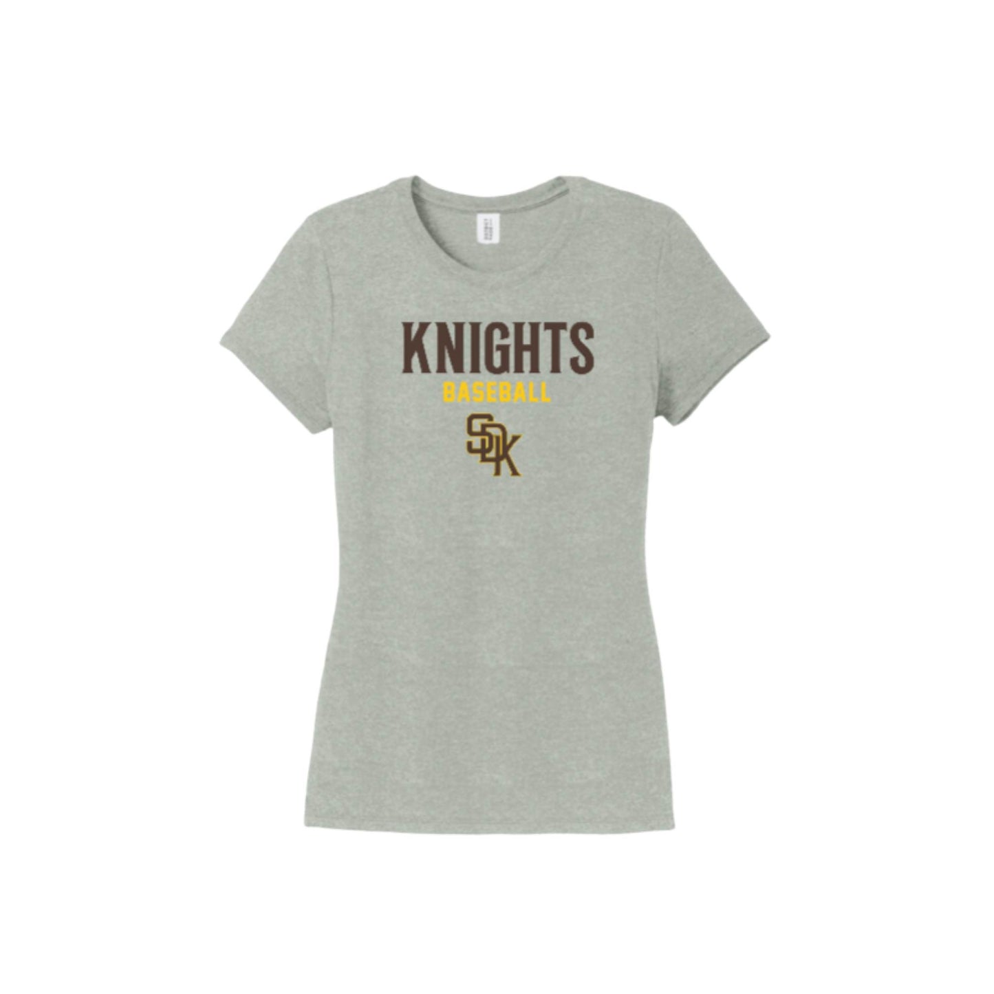Gray t-shirt with 'Knights Baseball' text and logo on a white background