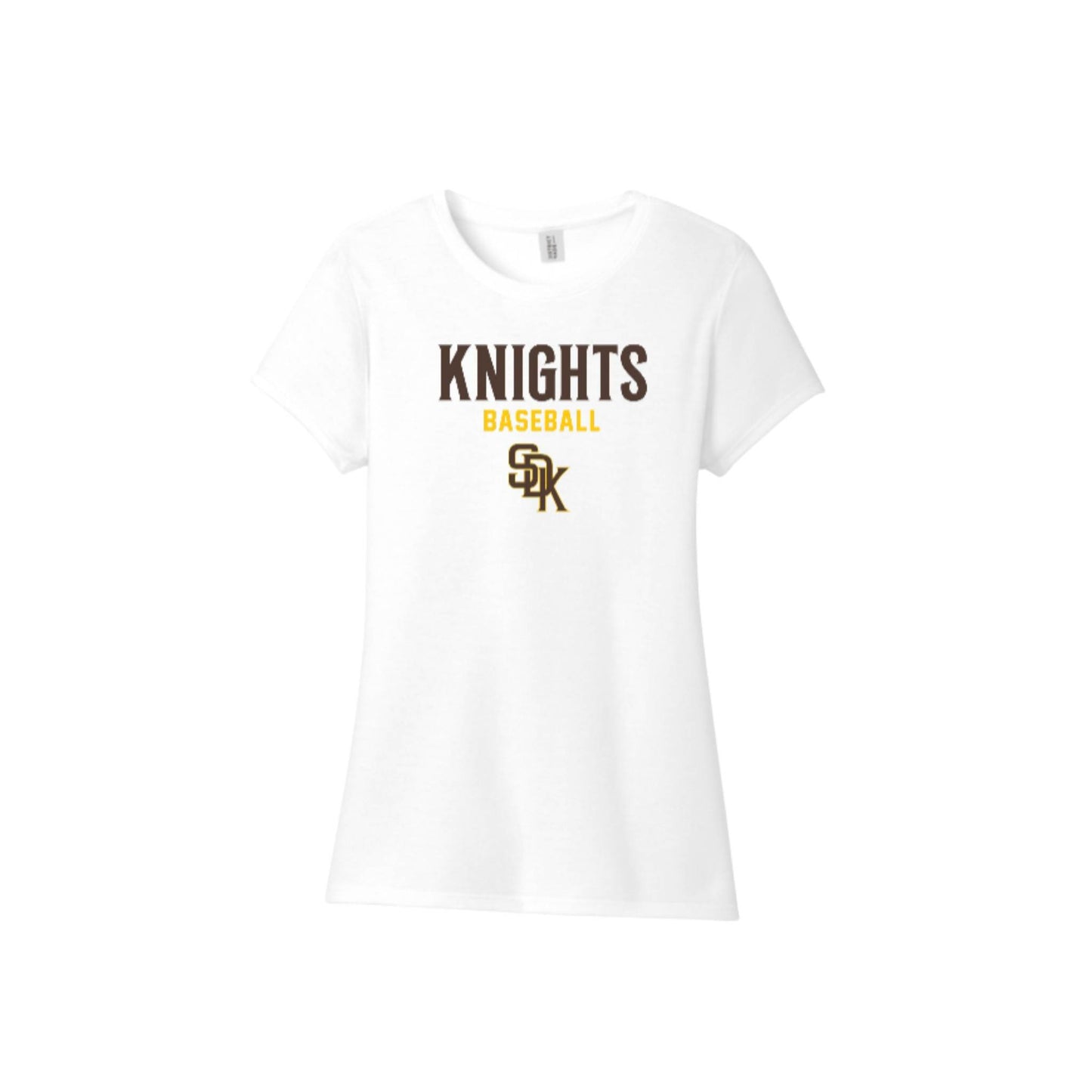 White t-shirt with 'Knights Baseball' text and logo on a white background