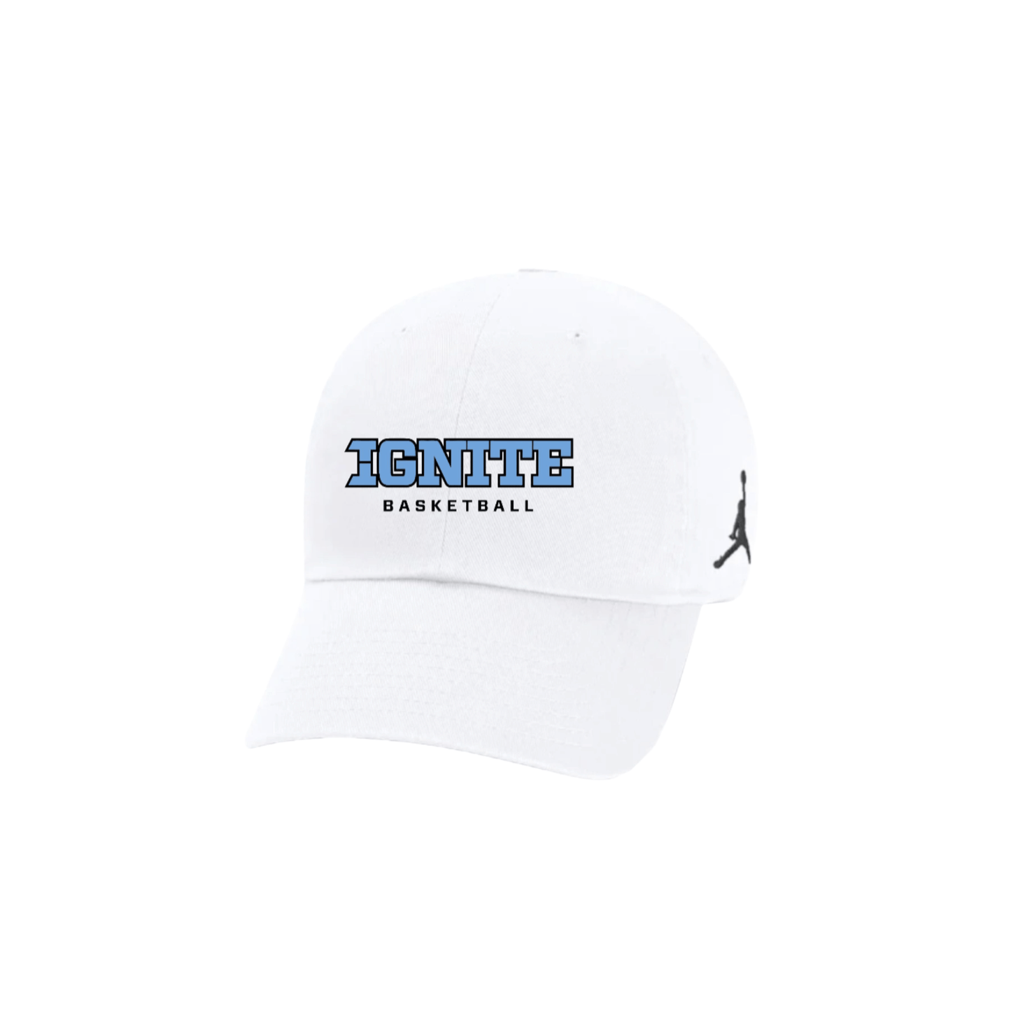 White cap with 'IGNITE BASKETBALL' text and Jordan logo on a white background