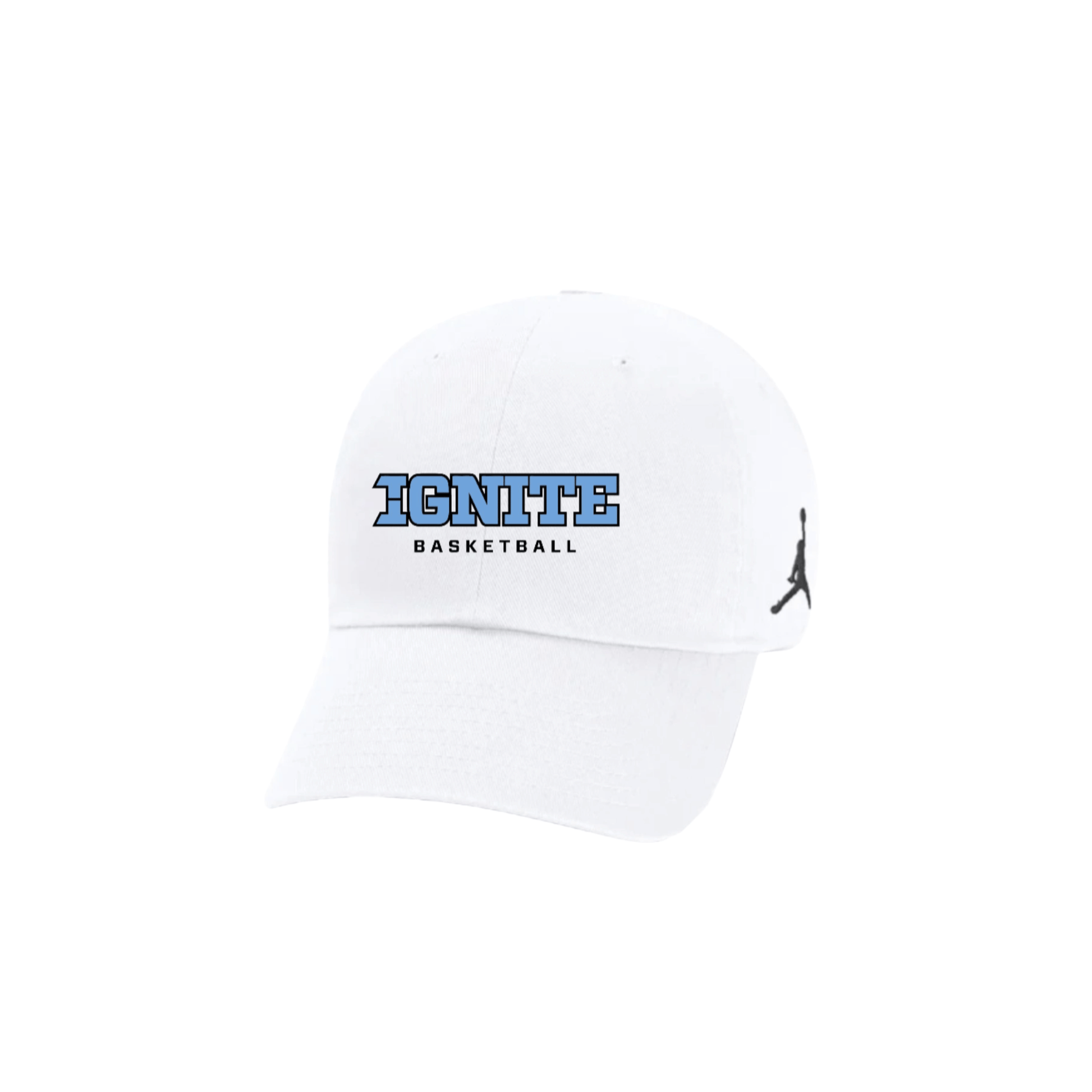 White cap with 'IGNITE BASKETBALL' text and Jordan logo on a white background