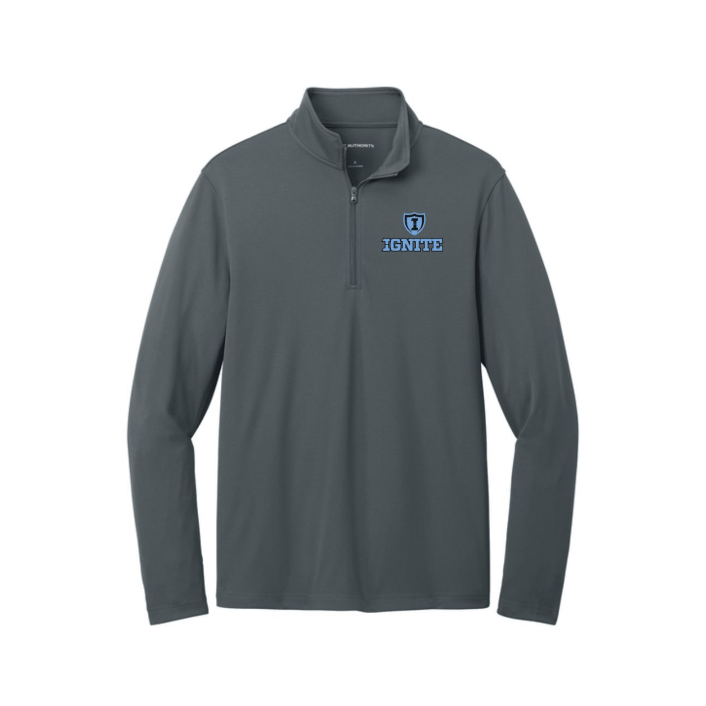 Gray long-sleeve shirt with a logo and text on a white background