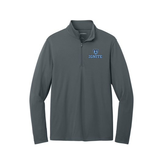 Gray long-sleeve shirt with a logo and text on a white background