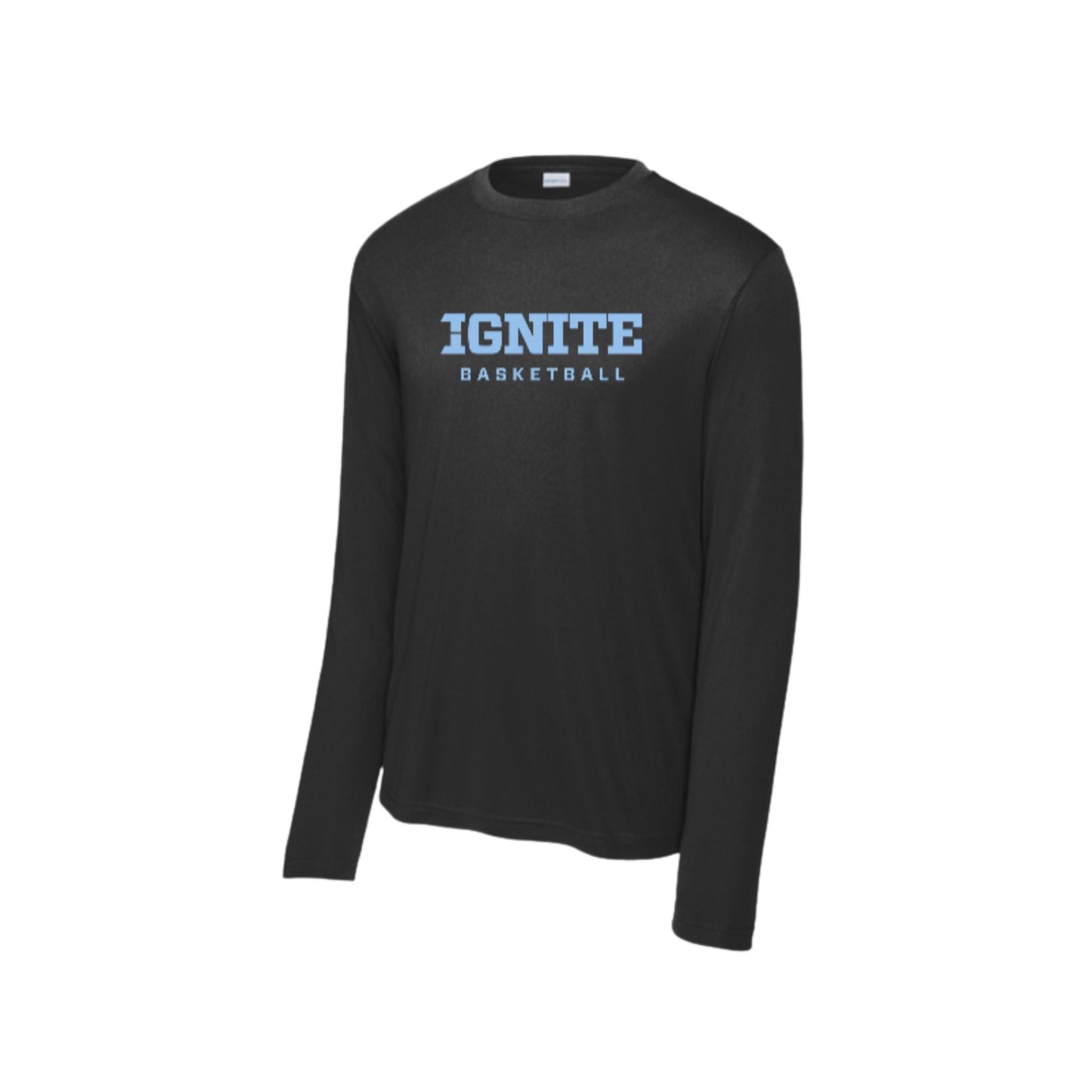 Black long-sleeve shirt with 'IGNITE BASKETBALL' text on a white background