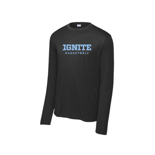 Black long-sleeve shirt with 'IGNITE BASKETBALL' text on a white background