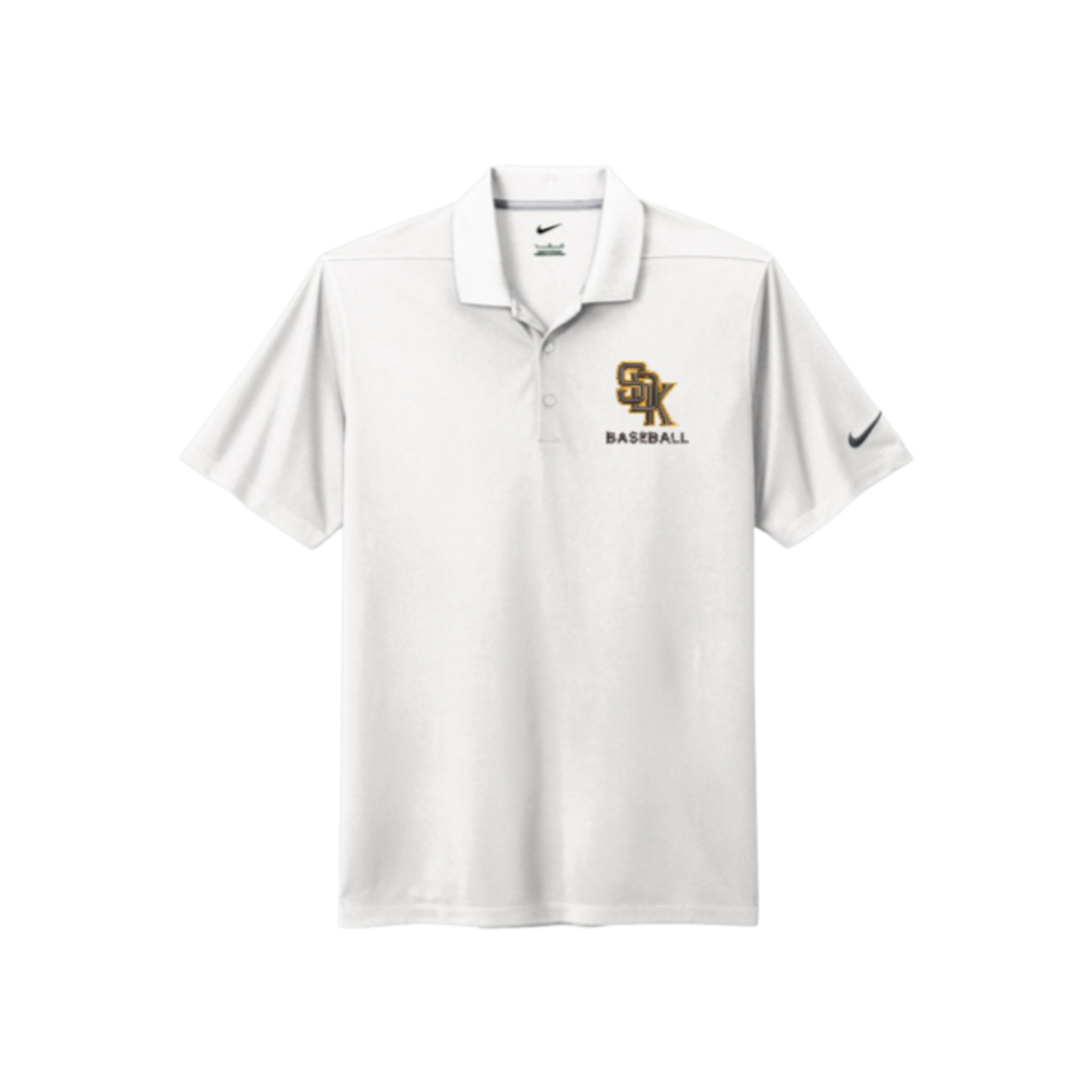 White polo shirt with gold and black text and logo on a white background
