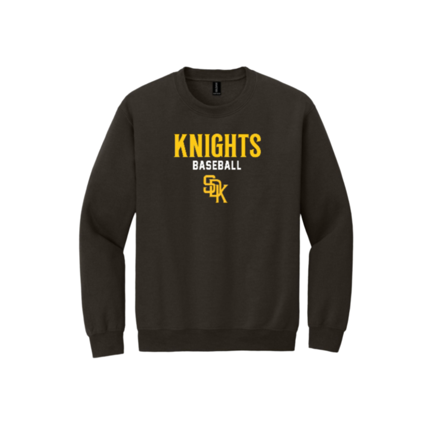 Brown sweatshirt with yellow and white text and SDK logo 