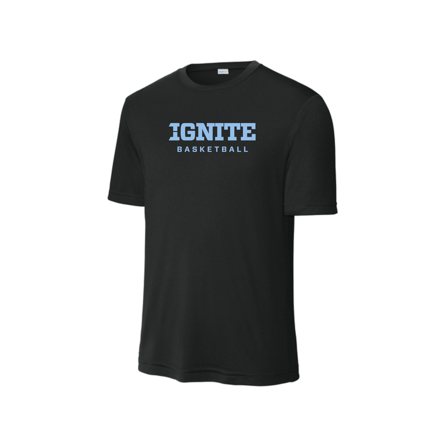 Black t-shirt with 'IGNITE BASKETBALL' text on a white background