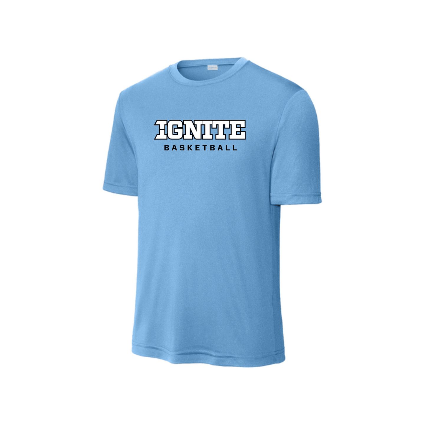 Light blue t-shirt with 'IGNITE BASKETBALL' text on a white background