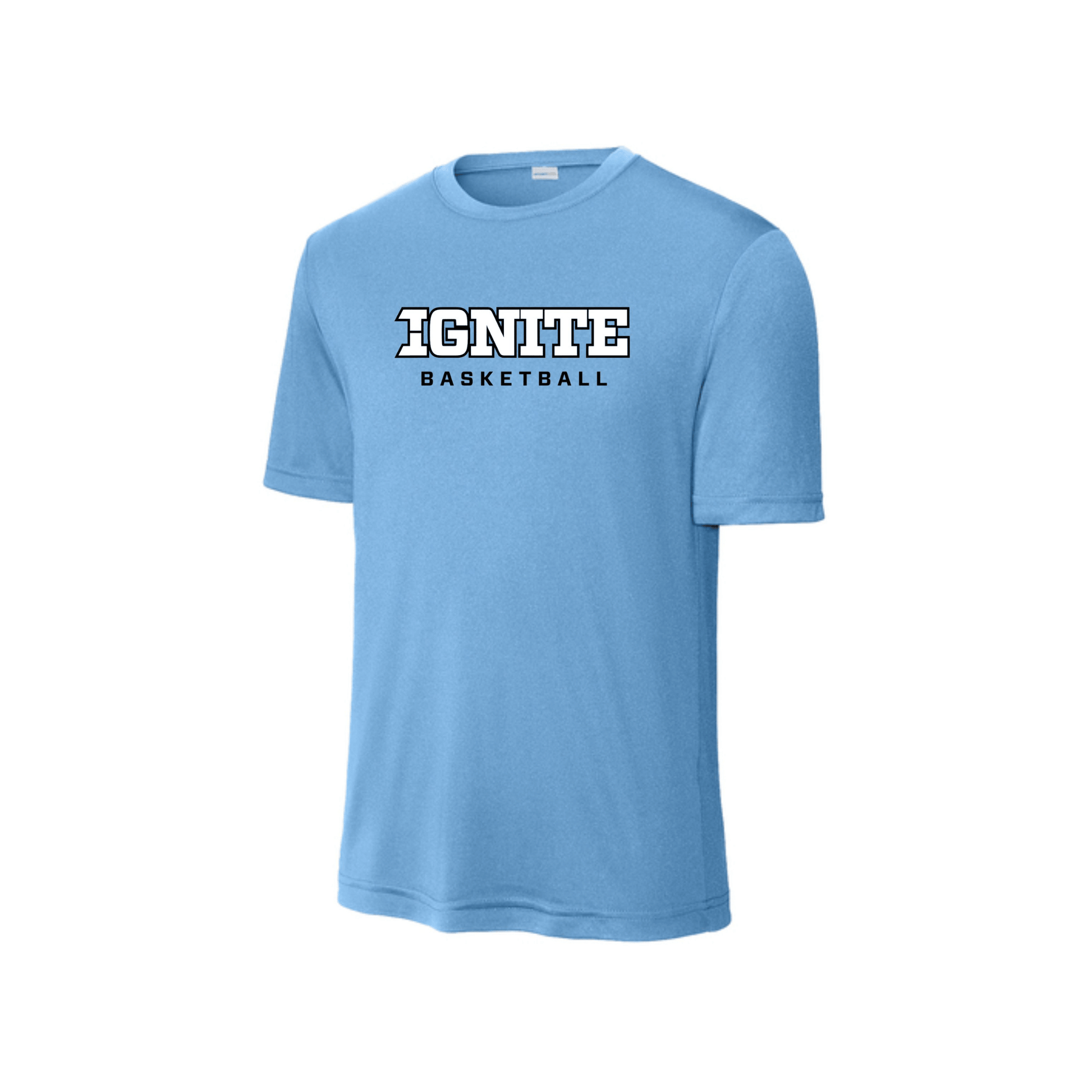 Light blue t-shirt with 'IGNITE BASKETBALL' text on a white background