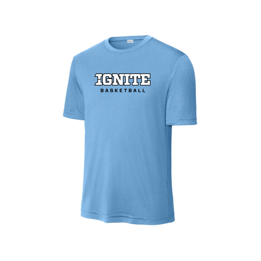 Light blue t-shirt with 'IGNITE BASKETBALL' text on a white background