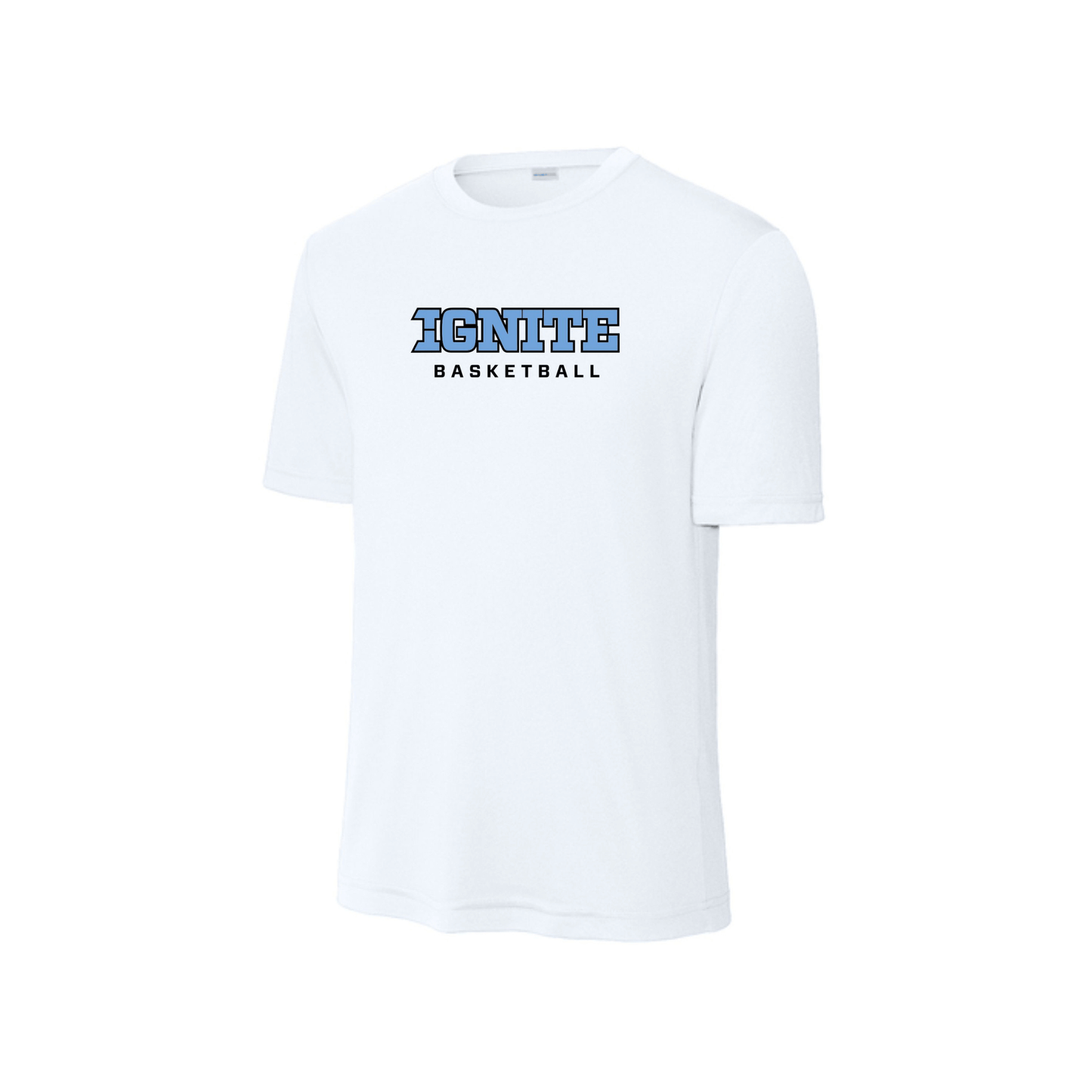 White t-shirt with 'IGNORE BASKETBALL' text on a white background