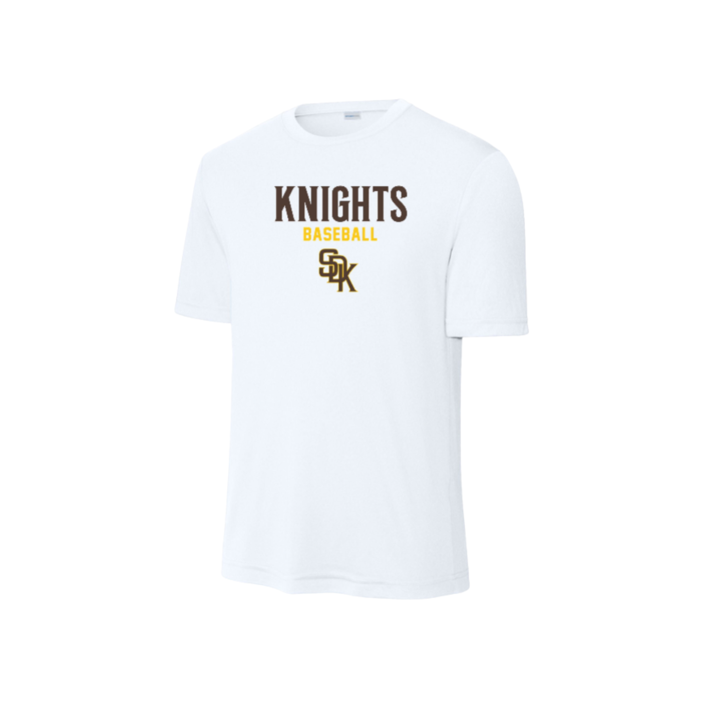 White t-shirt with 'Knights Baseball' text and logo on a white background
