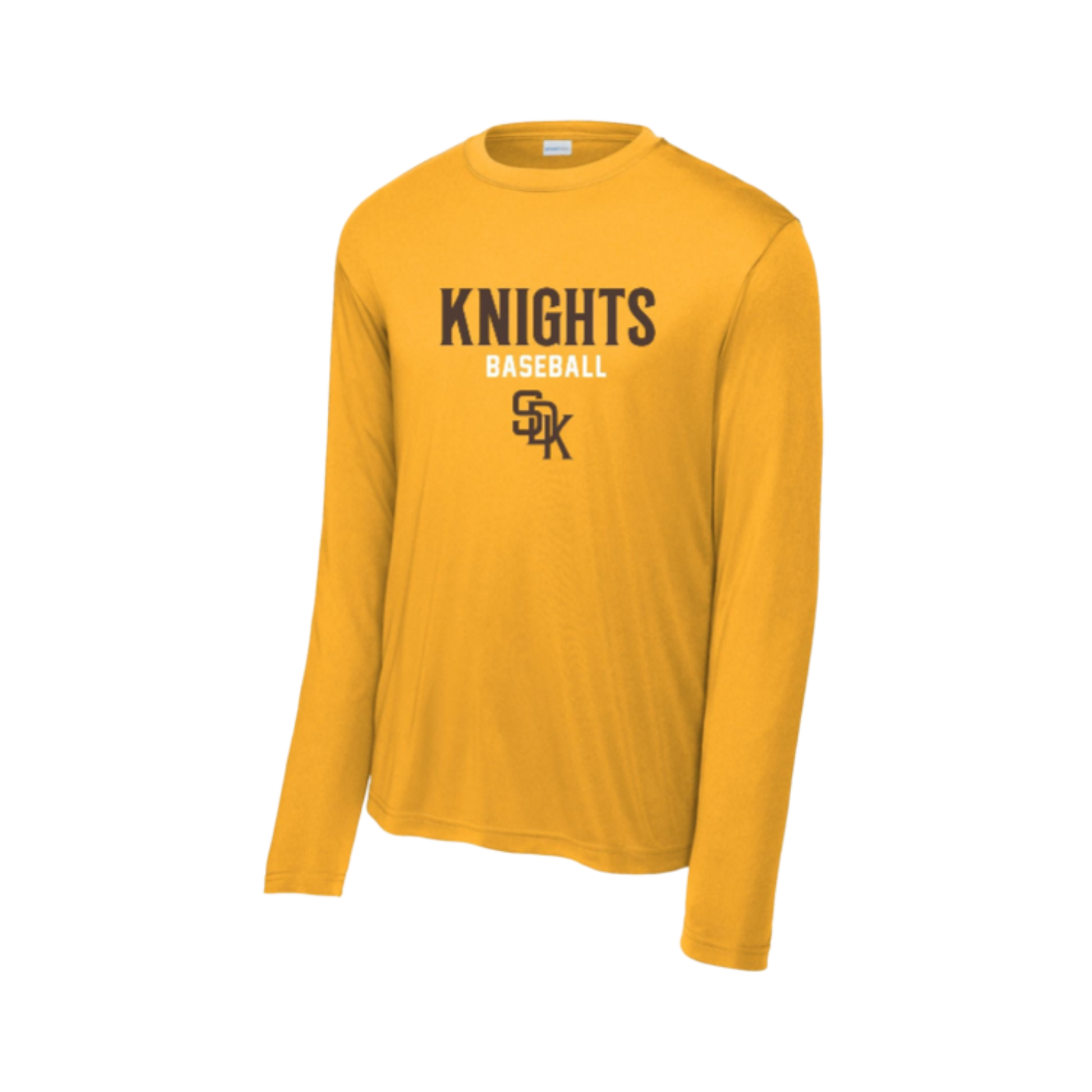Yellow long-sleeve shirt with 'Knights Baseball' text and logo on a white background
