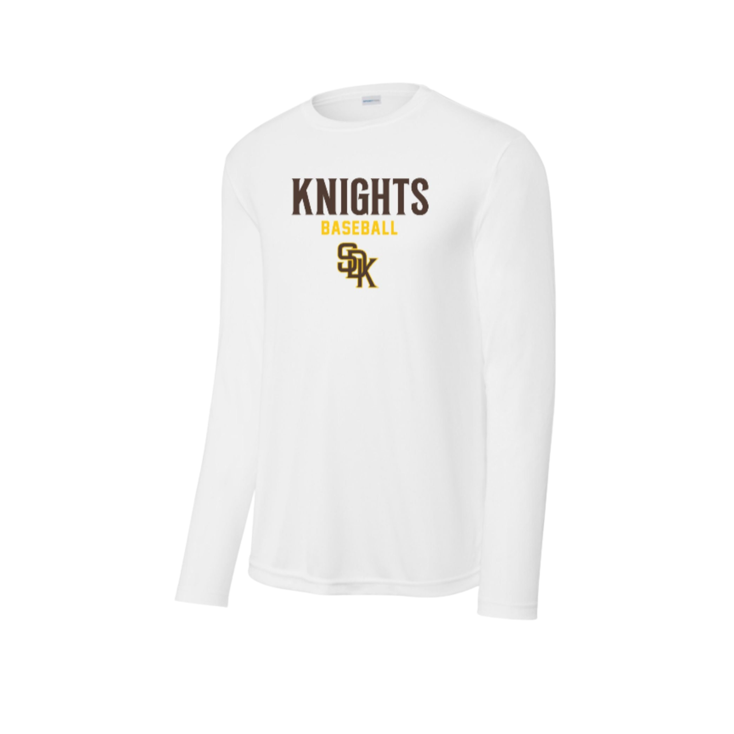 White long-sleeve shirt with 'Knights Baseball' and logo on a white background